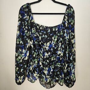 Lush Blouse Long Sleeve Sheer Black Blue Floral Ruched Ruffle Smocked Casual
